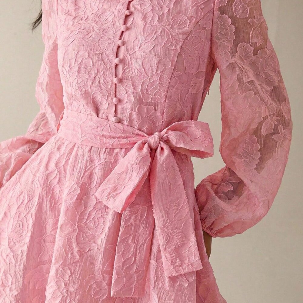Pink Elegant Women's A-Line Short Dress with Cinched Waist, Puff Sleeves - Picture 6 of 7